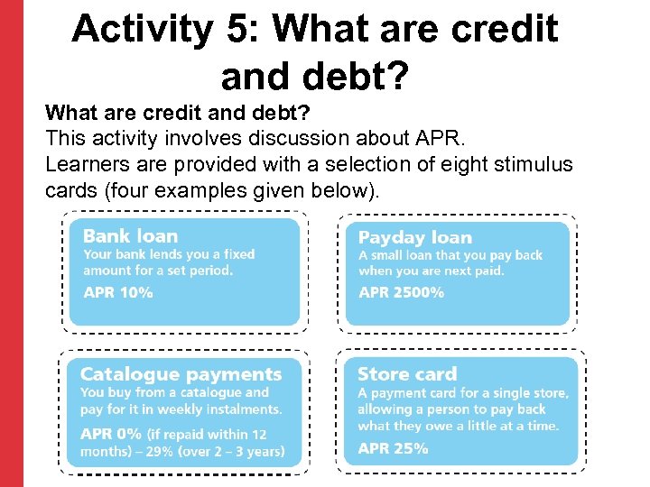 Activity 5: What are credit and debt? This activity involves discussion about APR. Learners