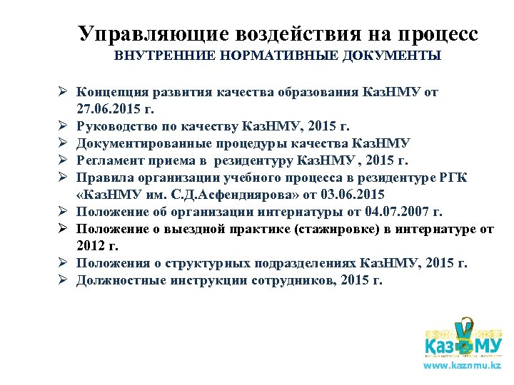 Управляющие воздействия на процесс ВНУТРЕННИЕ НОРМАТИВНЫЕ ДОКУМЕНТЫ Ø Концепция развития качества образования Каз. НМУ