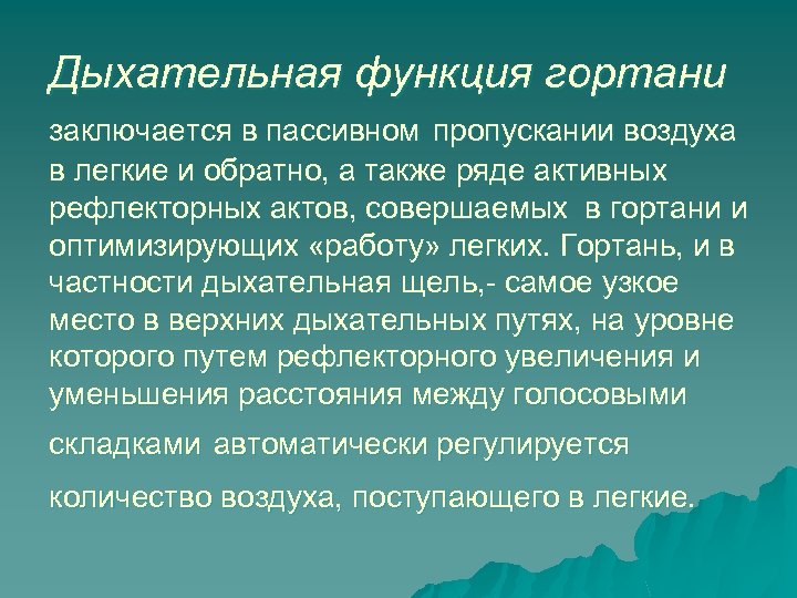 Дыхательная функция гортани заключается в пассивном пропускании воздуха в легкие и обратно, а также