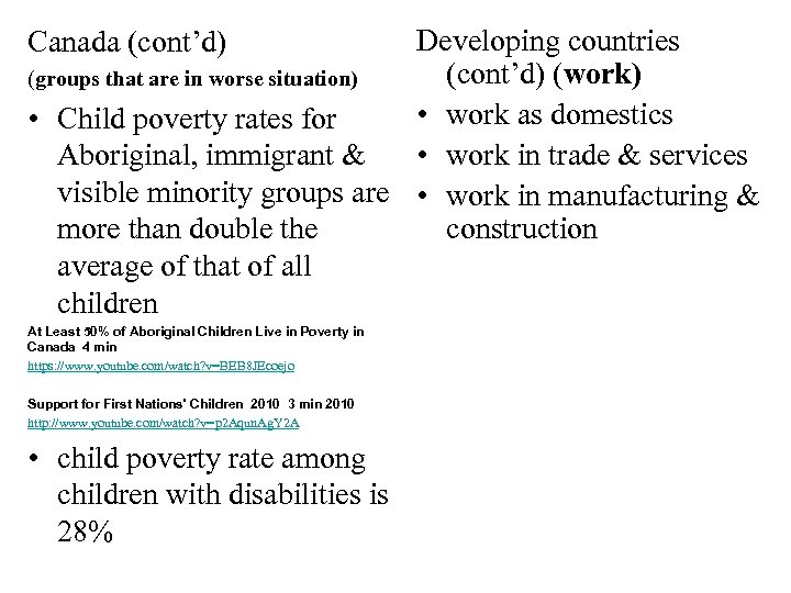 Canada (cont’d) Developing countries (cont’d) (work) (groups that are in worse situation) • work