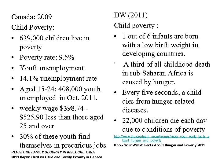 Canada: 2009 Child Poverty: • 639, 000 children live in poverty • Poverty rate: