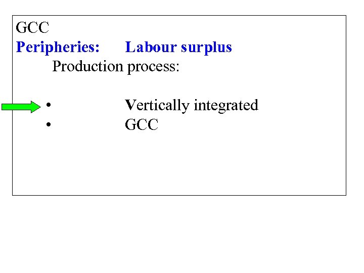 GCC Peripheries: Labour surplus Production process: • • Vertically integrated GCC 