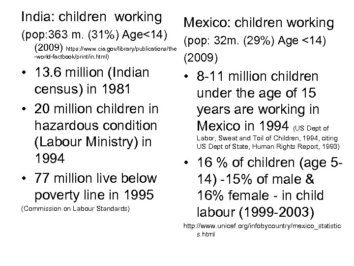 India: children working (pop: 363 m. (31%) Age<14) (2009) https: //www. cia. gov/library/publications/the -world-factbook/print/in.