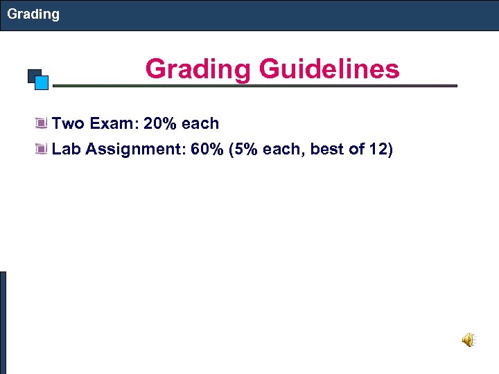 Grading Guidelines Two Exam: 20% each Lab Assignment: 60% (5% each, best of 12)