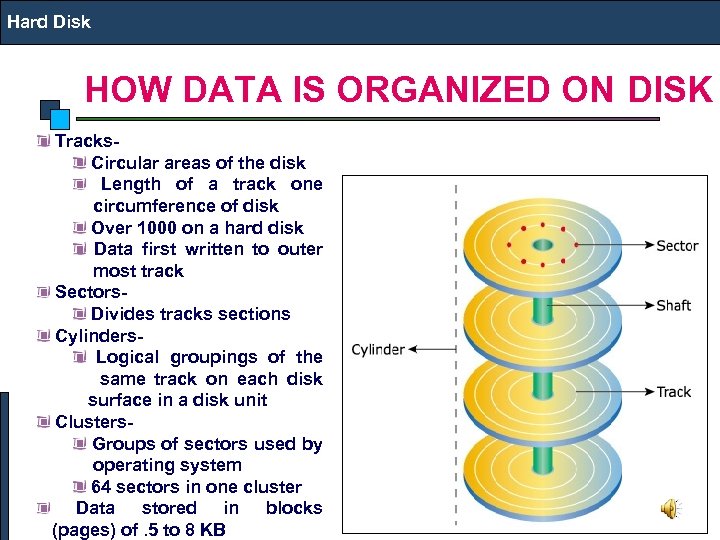 Hard Disk HOW DATA IS ORGANIZED ON DISK Tracks- Circular areas of the disk