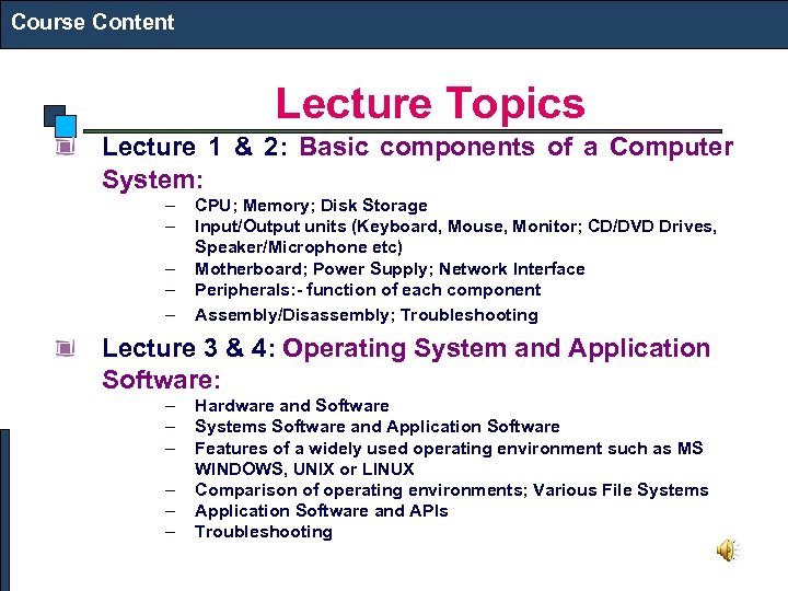 Course Content Lecture Topics Lecture 1 & 2: Basic components of a Computer System: