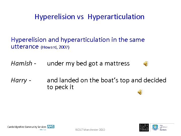 Hyperelision vs Hyperarticulation Hyperelision and hyperarticulation in the same utterance (Howard, 2007) Hamish -