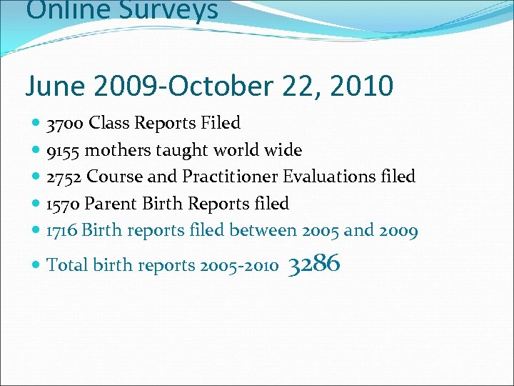 Online Surveys June 2009 -October 22, 2010 3700 Class Reports Filed 9155 mothers taught