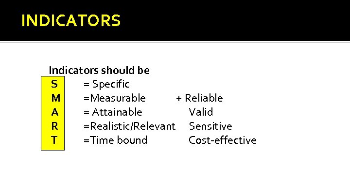 INDICATORS Indicators should be S = Specific M =Measurable + Reliable A = Attainable