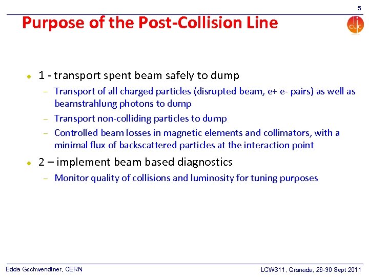 Purpose of the Post-Collision Line 1 - transport spent beam safely to dump 5