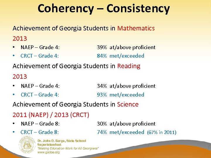 Coherency – Consistency Achievement of Georgia Students in Mathematics 2013 • NAEP – Grade