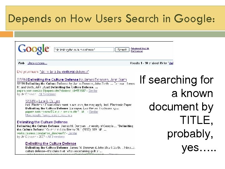 Depends on How Users Search in Google: If searching for a known document by