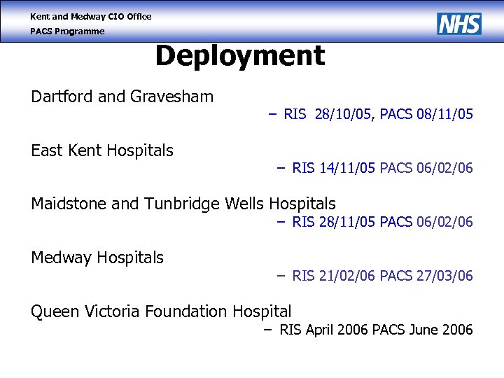 Kent and Medway CIO Office PACS Programme Deployment Dartford and Gravesham East Kent Hospitals