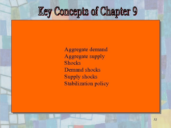 Aggregate demand Aggregate supply Shocks Demand shocks Supply shocks Stabilization policy Chapter Nine 32