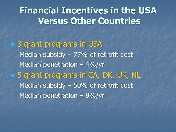 Financial Incentives in the USA Versus Other Countries n 3 grant programs in USA