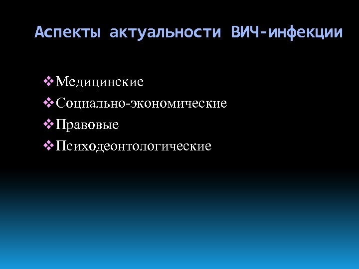Аспекты актуальности ВИЧ-инфекции v Медицинские v Социально-экономические v Правовые v Психодеонтологические 
