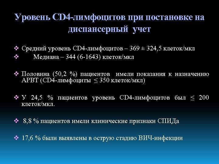 Уровень СD 4 -лимфоцитов при постановке на диспансерный учет v Средний уровень CD 4