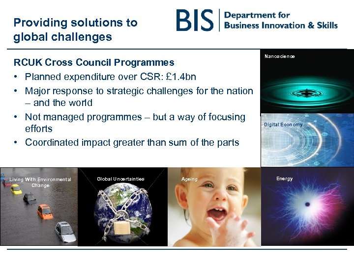 Providing solutions to global challenges RCUK Cross Council Programmes • Planned expenditure over CSR: