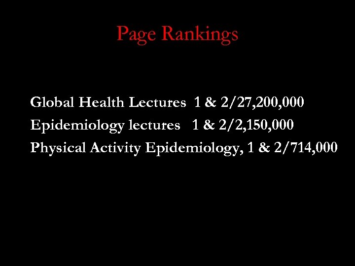 Page Rankings Global Health Lectures 1 & 2/27, 200, 000 Epidemiology lectures 1 &