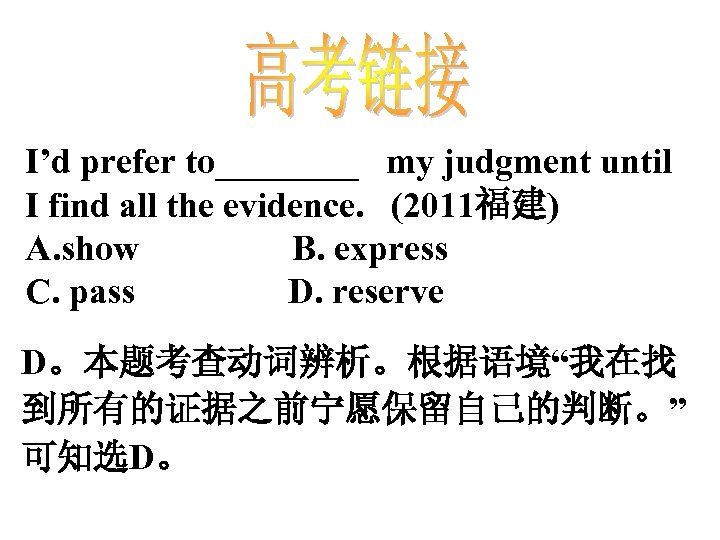 I’d prefer to____ my judgment until I find all the evidence. (2011福建) A. show