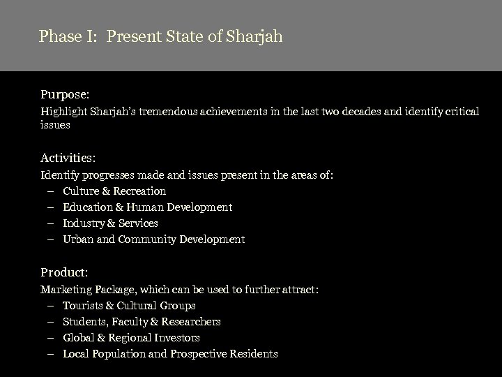 Phase I: Present State of Sharjah Purpose: Highlight Sharjah’s tremendous achievements in the last