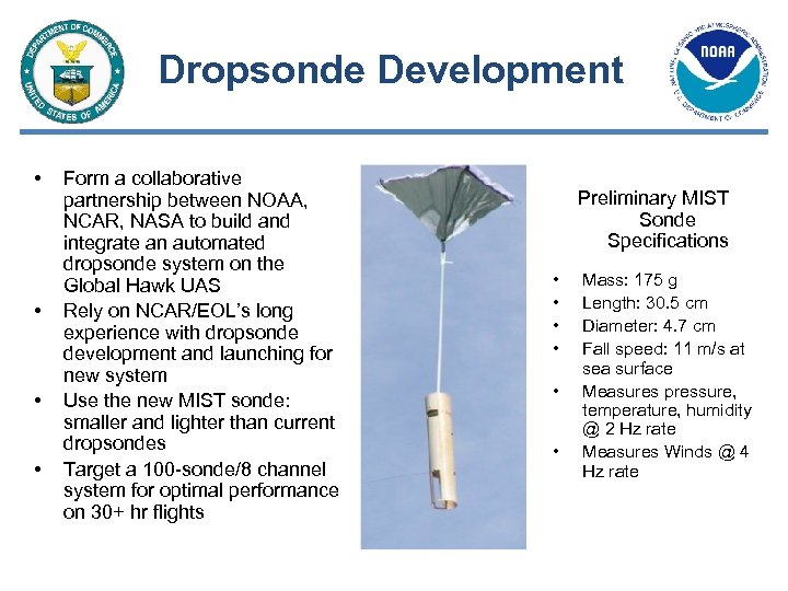 Dropsonde Development • • Form a collaborative partnership between NOAA, NCAR, NASA to build