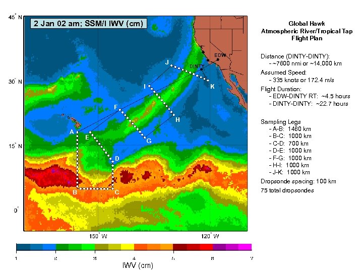 2 Jan 02 am; SSM/I IWV (cm) Global Hawk Atmospheric River/Tropical Tap Flight Plan