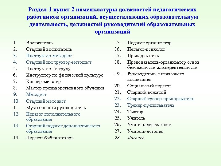 Раздел 1 пункт 2 номенклатуры должностей педагогических работников организаций, осуществляющих образовательную деятельность, должностей руководителей