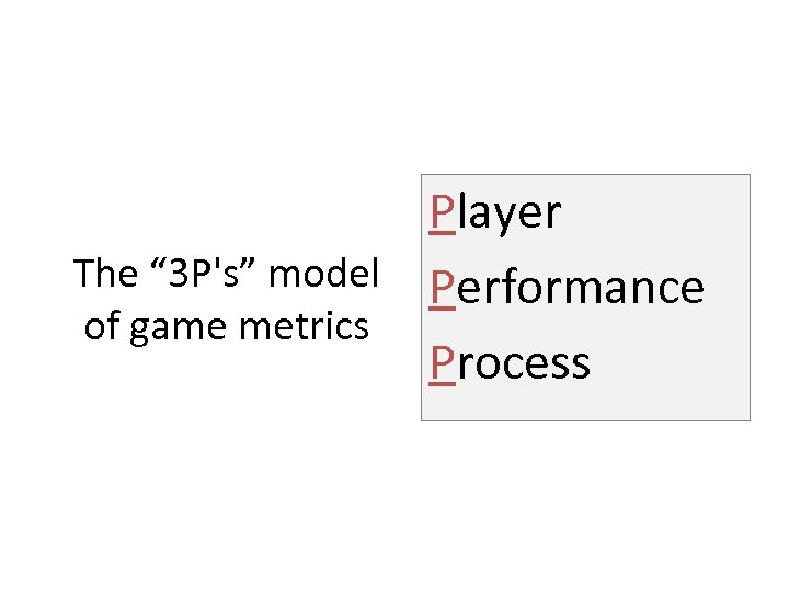 Player The “ 3 P's” model Performance of game metrics Process 