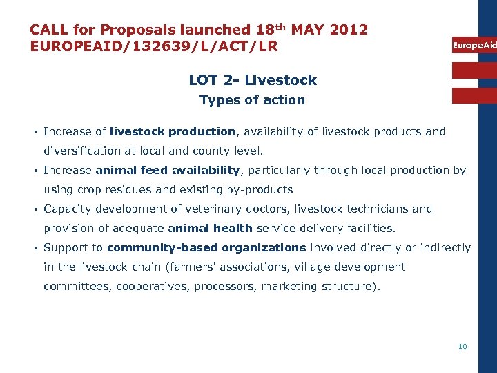 CALL for Proposals launched 18 th MAY 2012 EUROPEAID/132639/L/ACT/LR Europe. Aid LOT 2 -
