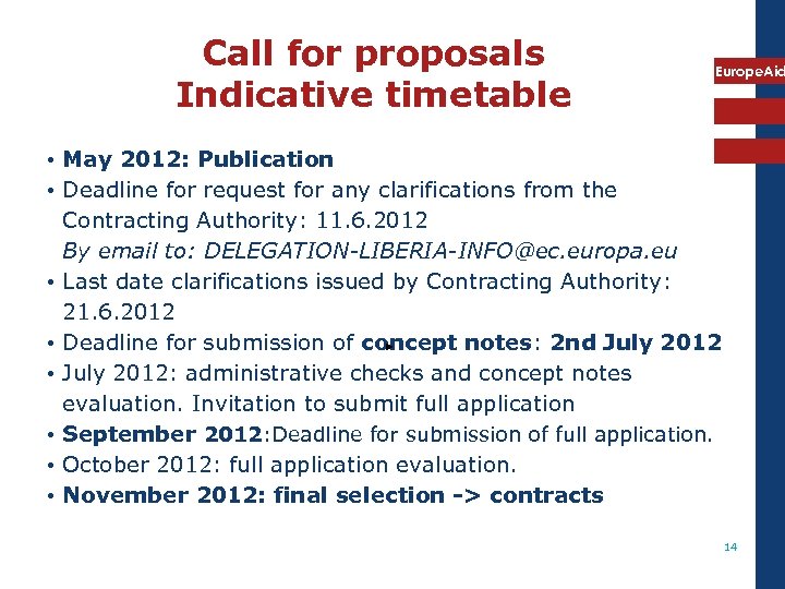 Call for proposals Indicative timetable Europe. Aid • May 2012: Publication • Deadline for