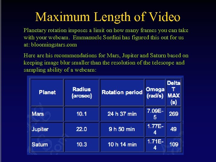 Maximum Length of Video Planetary rotation imposes a limit on how many frames you