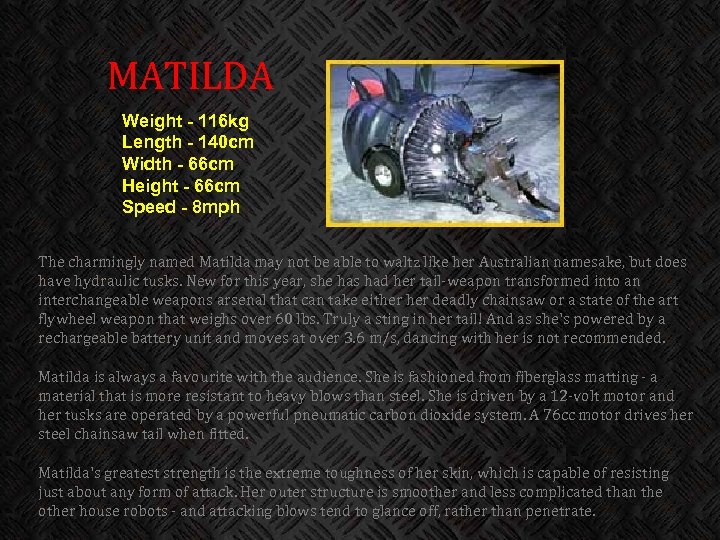 MATILDA Weight - 116 kg Length - 140 cm Width - 66 cm Height