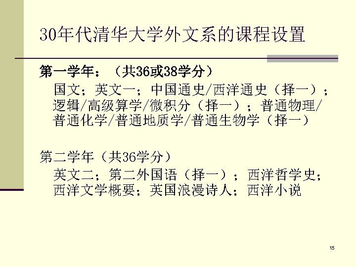30年代清华大学外文系的课程设置 第一学年：（共 36或 38学分） 国文；英文一；中国通史/西洋通史（择一）； 逻辑/高级算学/微积分（择一）；普通物理/ 普通化学/普通地质学/普通生物学（择一） 第二学年（共 36学分） 英文二；第二外国语（择一）；西洋哲学史； 西洋文学概要；英国浪漫诗人；西洋小说 15 