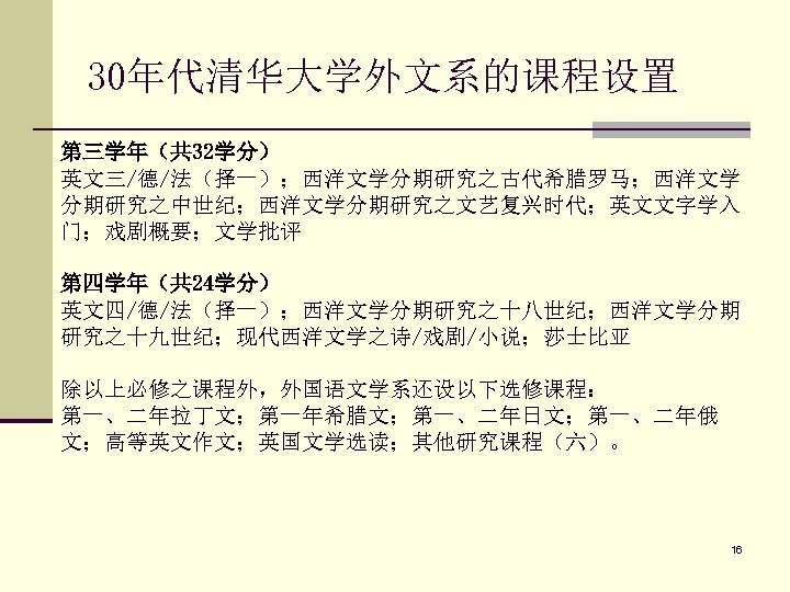 30年代清华大学外文系的课程设置 第三学年（共 32学分） 　 英文三/德/法（择一）；西洋文学分期研究之古代希腊罗马；西洋文学 分期研究之中世纪；西洋文学分期研究之文艺复兴时代；英文文字学入 门；戏剧概要；文学批评 第四学年（共 24学分） 英文四/德/法（择一）；西洋文学分期研究之十八世纪；西洋文学分期 研究之十九世纪；现代西洋文学之诗/戏剧/小说；莎士比亚 除以上必修之课程外，外国语文学系还设以下选修课程： 第一、二年拉丁文；第一年希腊文；第一、二年日文；第一、二年俄 文；高等英文作文；英国文学选读；其他研究课程（六）。