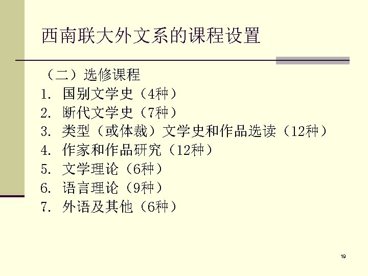 西南联大外文系的课程设置 （二）选修课程 1. 国别文学史（4种） 2. 断代文学史（7种） 3. 类型（或体裁）文学史和作品选读（12种） 4. 作家和作品研究（12种） 5. 文学理论（6种） 6. 语言理论（9种）