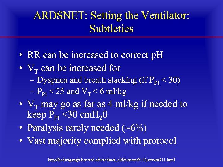ARDSNET: Setting the Ventilator: Subtleties • RR can be increased to correct p. H