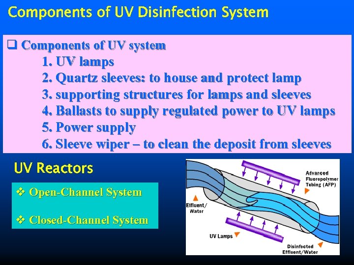 Components of UV Disinfection System q Components of UV system 1. UV lamps 2.