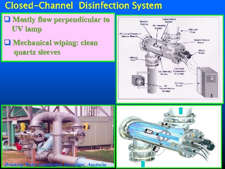 Closed-Channel Disinfection System q Mostly flow perpendicular to UV lamp q Mechanical wiping: clean