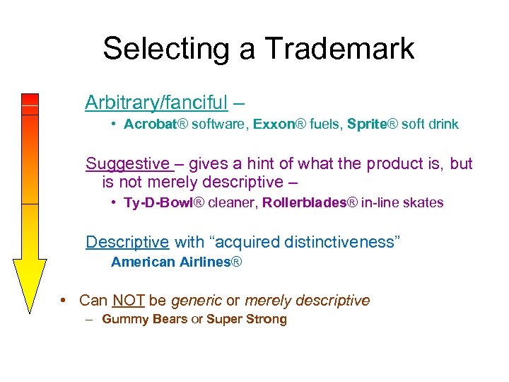  Selecting a Trademark Arbitrary/fanciful – • Acrobat® software, Exxon® fuels, Sprite® soft drink