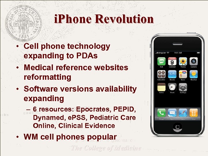 i. Phone Revolution • Cell phone technology expanding to PDAs • Medical reference websites