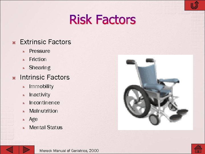 Risk Factors Extrinsic Factors Pressure Friction Shearing Intrinsic Factors Immobility Inactivity Incontinence Malnutrition Age