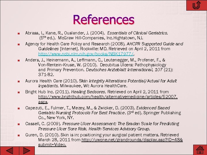 References Abrass, I. , Kane, R. , Ouslander, J. (2004). Essentials of Clinical Geriatrics.