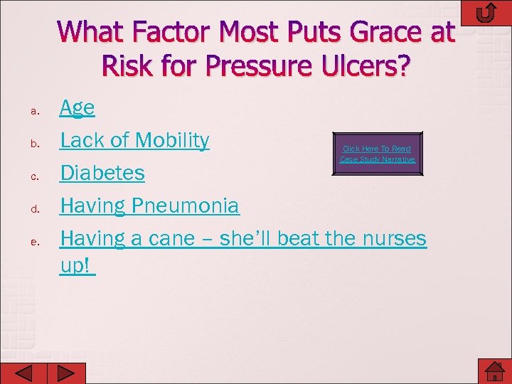 What Factor Most Puts Grace at Risk for Pressure Ulcers? a. b. c. d.