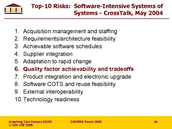 Top-10 Risks: Software-Intensive Systems of Systems - Cross. Talk, May 2004 1. Acquisition management