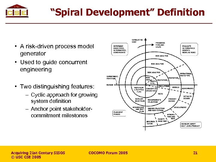 “Spiral Development” Definition • A risk-driven process model generator • Used to guide concurrent