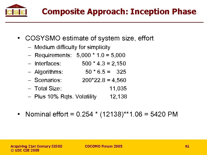 Composite Approach: Inception Phase • COSYSMO estimate of system size, effort – – –
