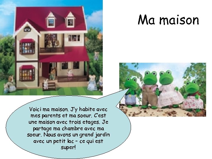 Ma maison Voici ma maison. J’y habite avec mes parents et ma soeur. C’est