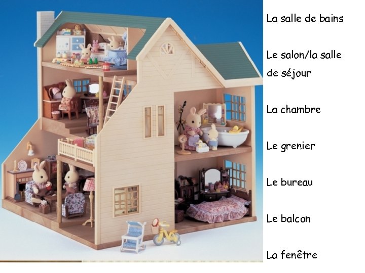 La salle de bains Le salon/la salle de séjour La chambre Le grenier Le