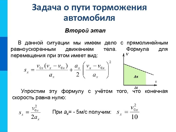 Задача о пути торможения автомобиля Второй этап В данной ситуации мы имеем дело с